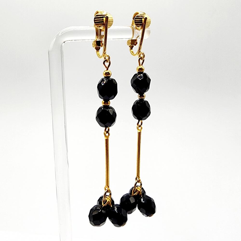 70s Signed Celebrity Long Black & Gold Faceted Dangle Clip Earrings Look Pierced